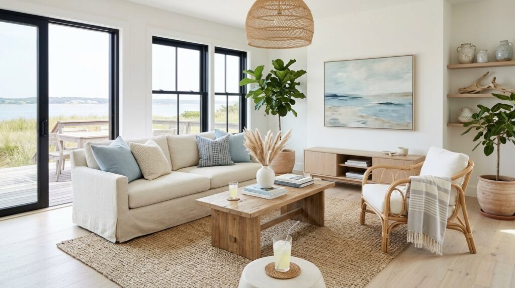 Beach house interiors have a certain vibe. They feel calm without trying too hard. They look cozy but not cluttered. And somehow, even a slightly messy room still whispers, “I drink iced lemonade and watch sunsets.” The tricky part Creating that feeling without turning your living room into a souvenir shop filled with seashells and giant wooden signs screaming BEACH. We’ve all seen it. No judgment… okay, maybe a little. If you’re searching for beach house living room décor ideas that feel fresh, modern, and inviting, these ideas will help you create a space people never want to leave.